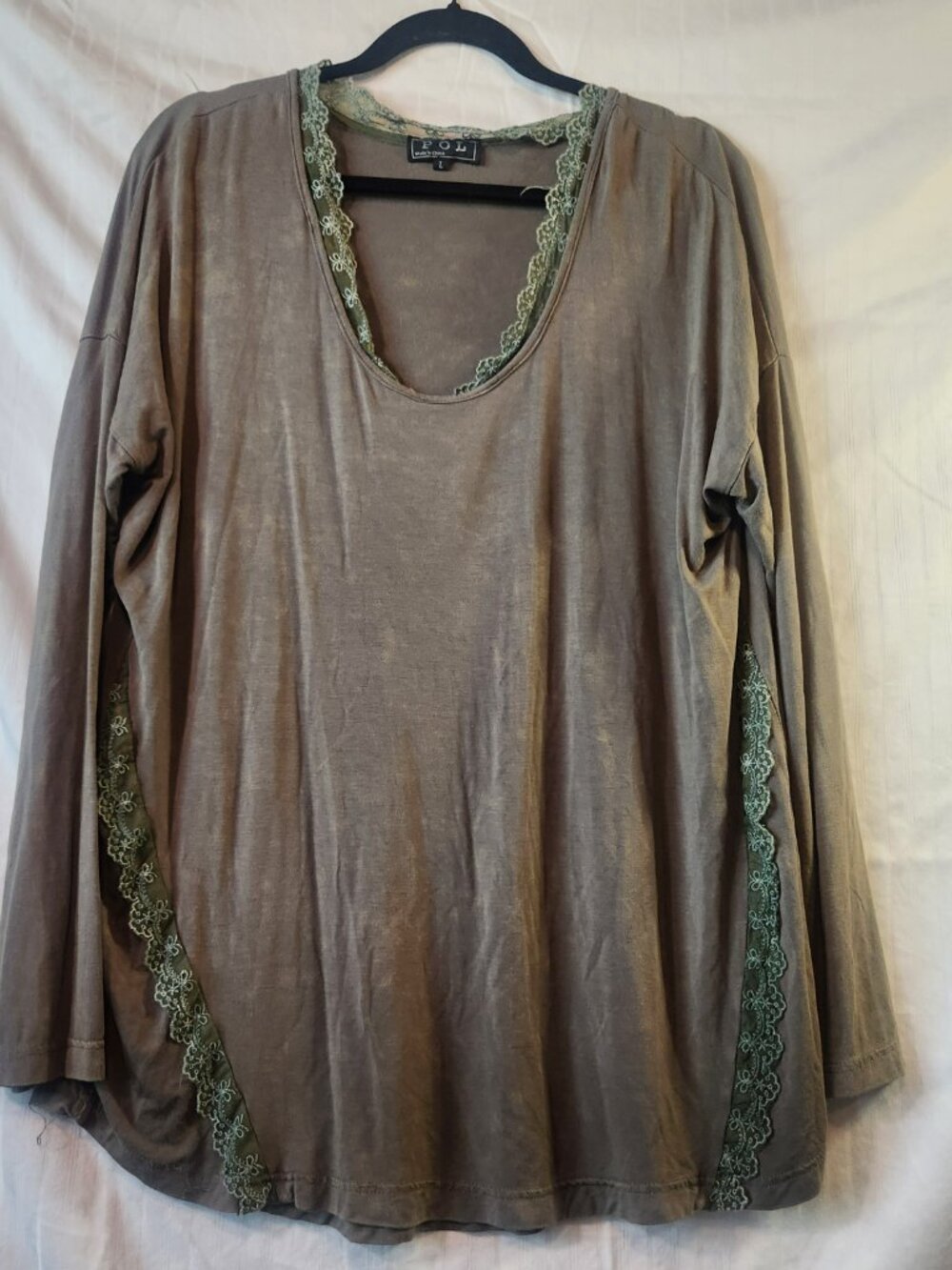 POL Lace Trim Long Sleeve Tunic Top Large Taupe Sage Boho